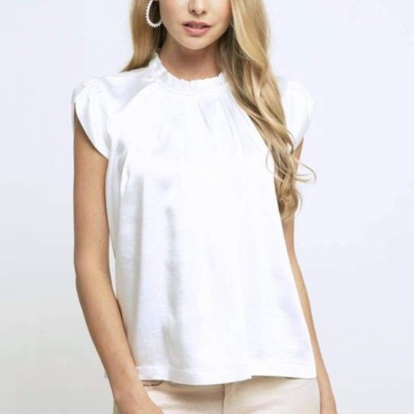 Eva Franco White Annik Satin Blouse Pleated Neckline High Neck Size Medium - Picture 3 of 13
